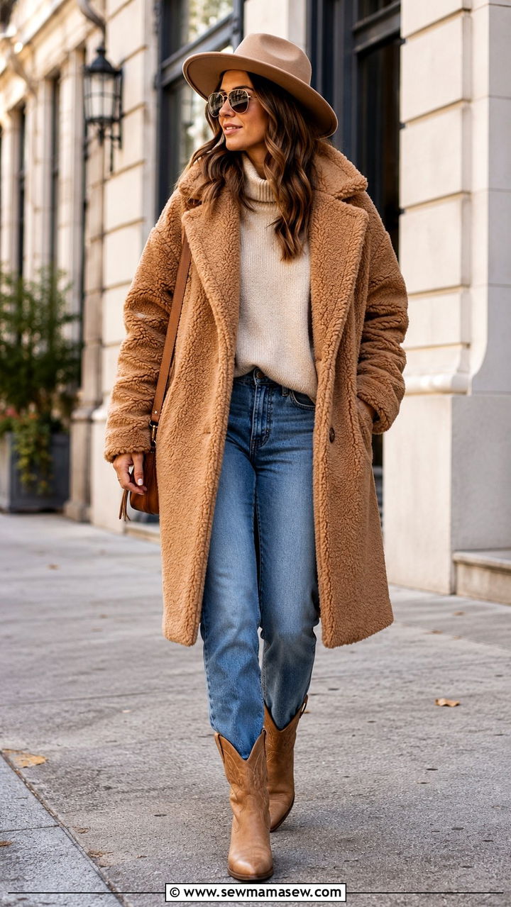 Teddy Coat Over Beige Sweater Jeans and Camel Boots - 30 Modern western outfit ideas