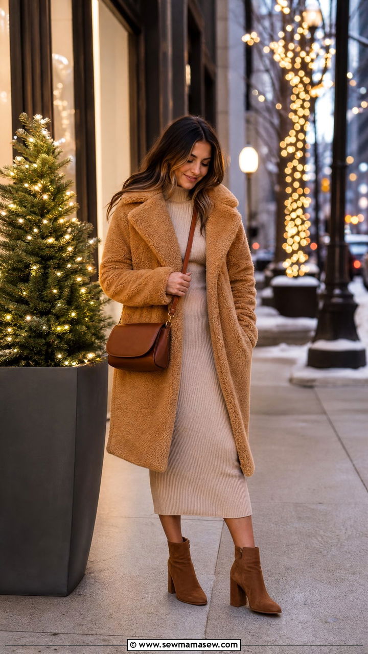 Teddy Coat With Knit Dress And Ankle Boots - 25 cute fashion inspo outfits