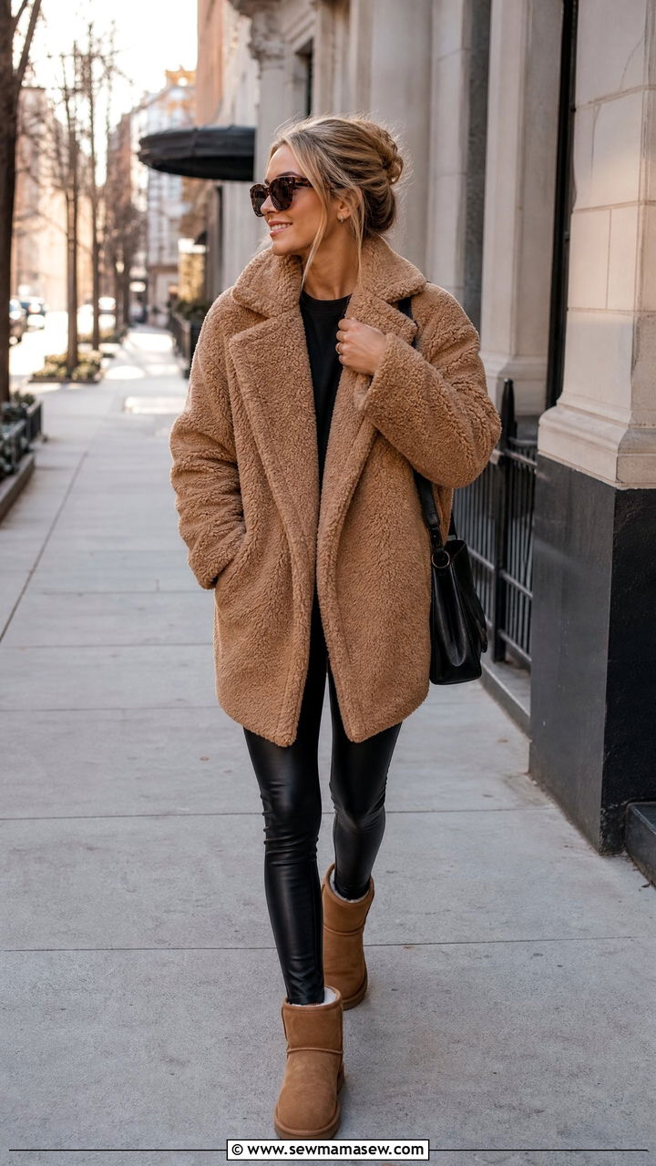 Teddy Coat With Leather Leggings And Tan Uggs - 25 Uggs and leggings outfit ideas