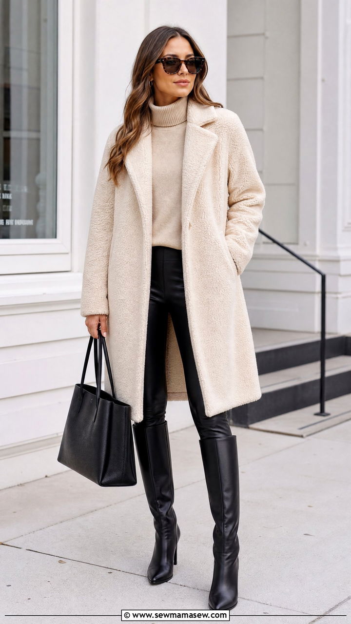 Teddy Coat With Leggings And Tall Leather Boots - 25 jacket outfits aesthetic