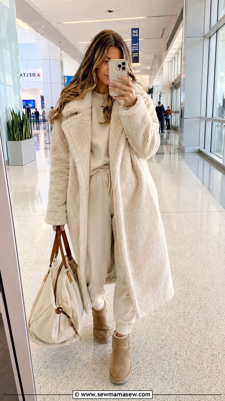 Teddy Coat With Matching Lounge Set and UGG Boots - 25 Airport outfit ideas for cold destination