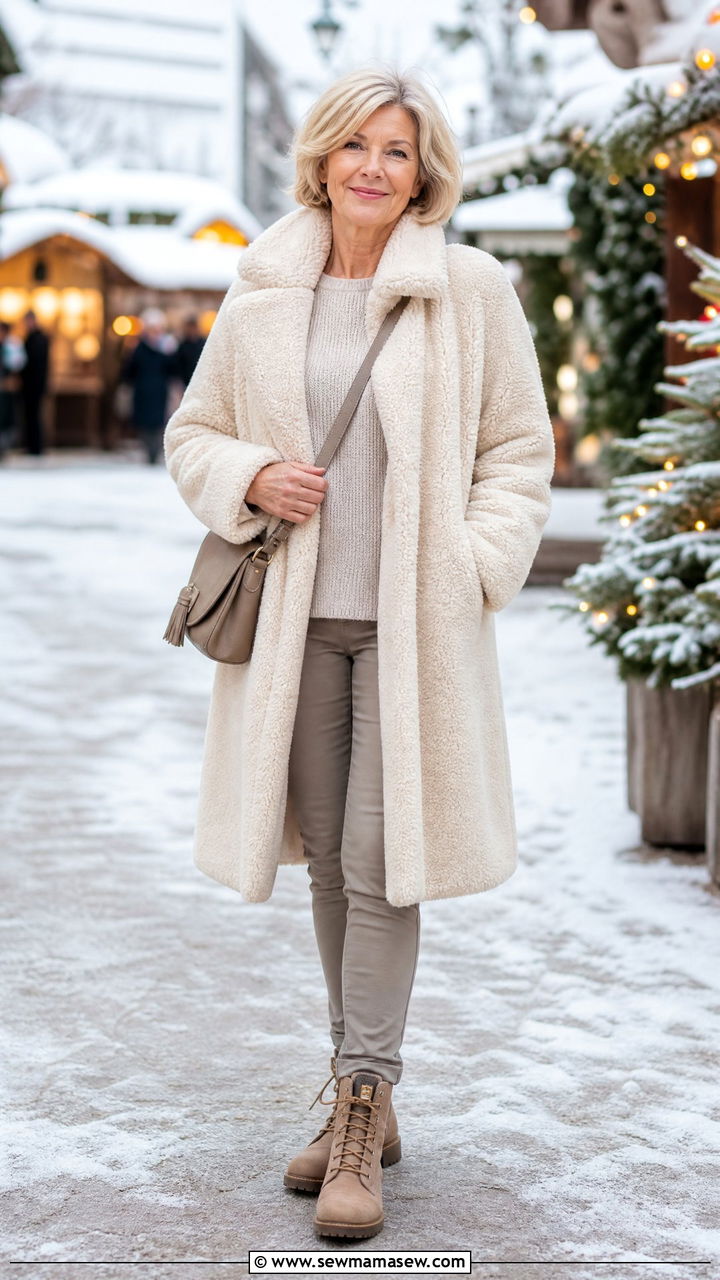 Teddy Coat With Slim Neutral Pants Outfit - 30 Outfit ideas for women over 70