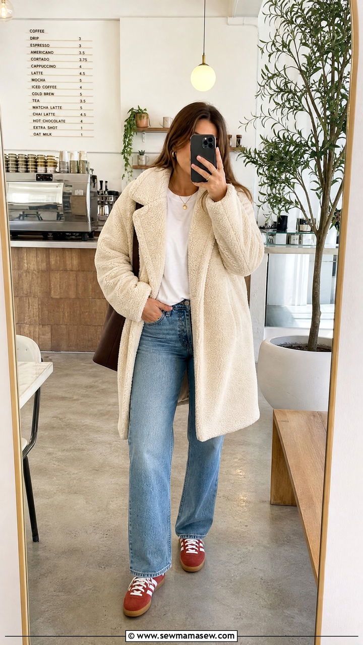 Teddy Coat With Straight Leg Jeans and Colorful Sneakers - 25 Chicago outfit ideas