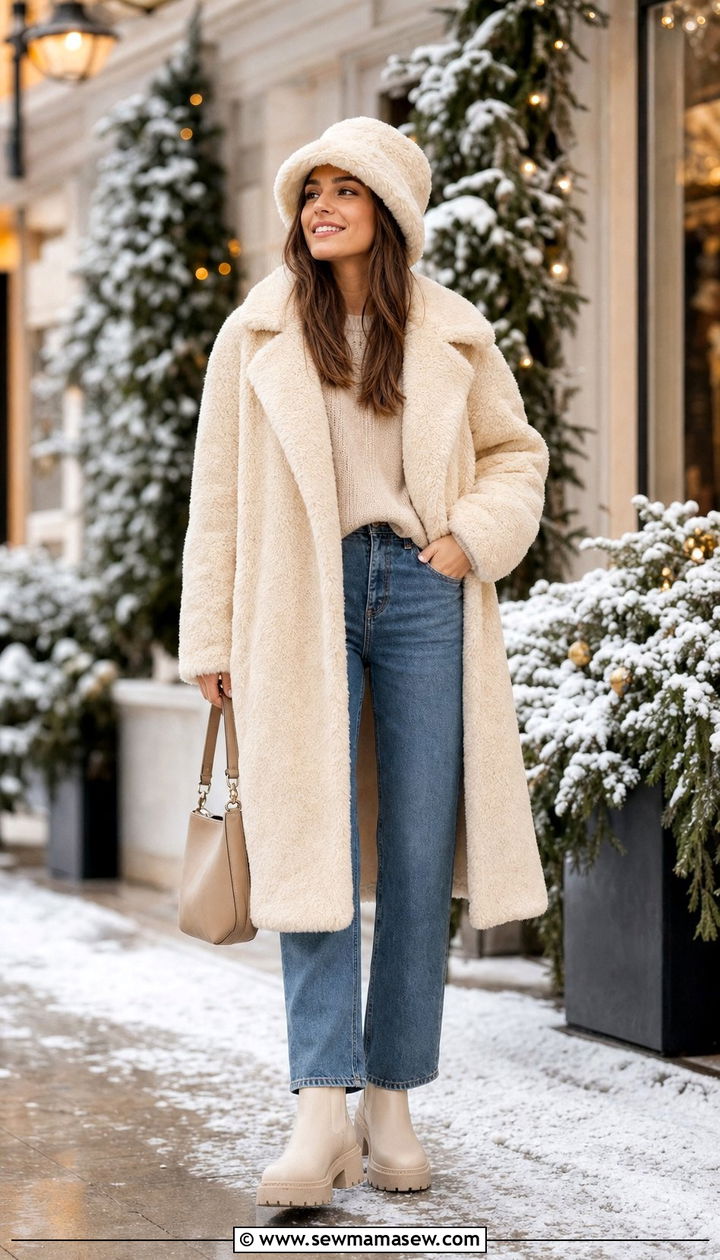 Teddy Coat and Faux Fur Bucket Hat - 35 Bucket hat outfit ideas