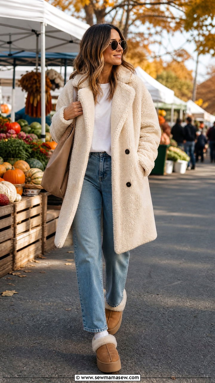 Teddy Coat and Jeans with Fuzzy Slippers - 30 Fuzzy slippers outfit ideas