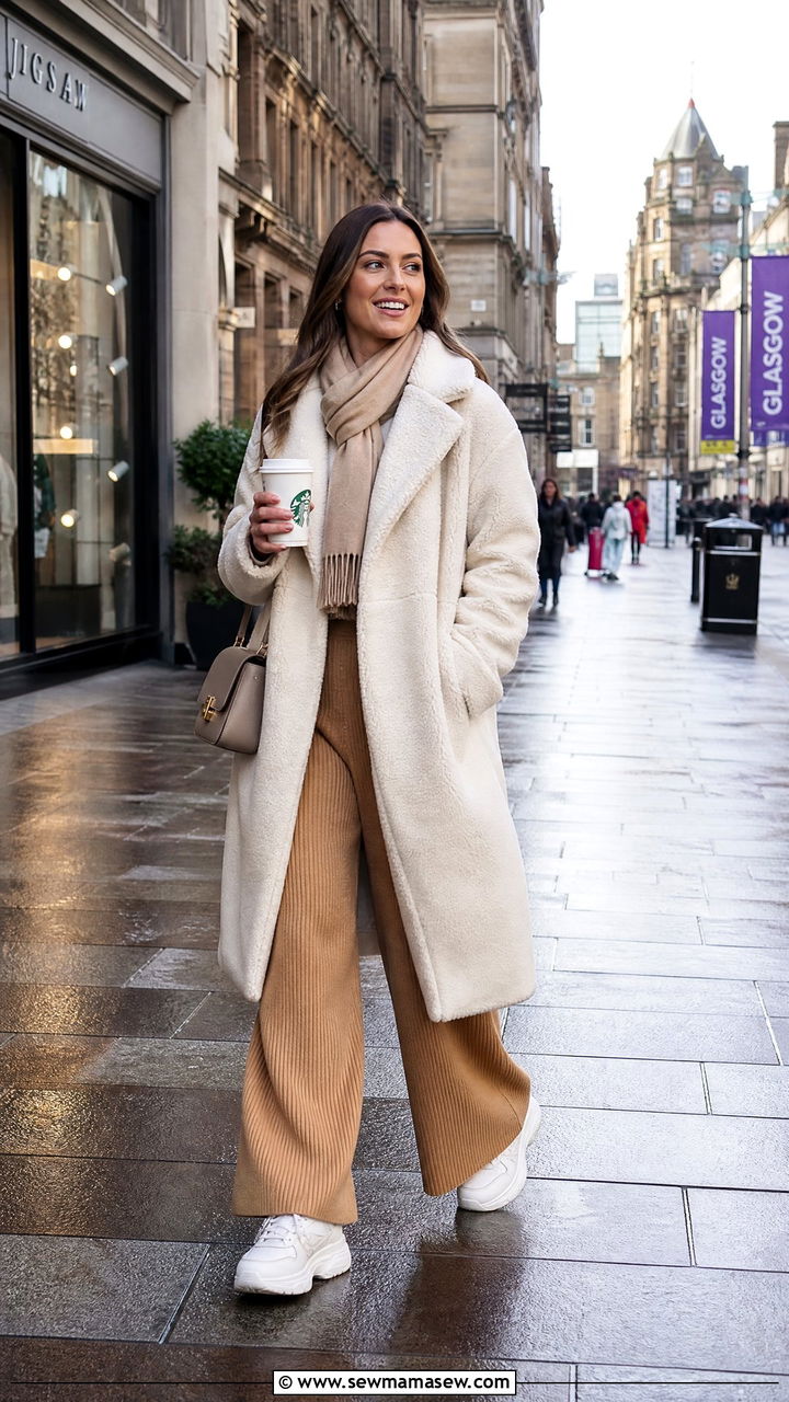 Teddy Coat and Wide Leg Trousers With Chunky Trainers - 25 Glasgow outfit ideas