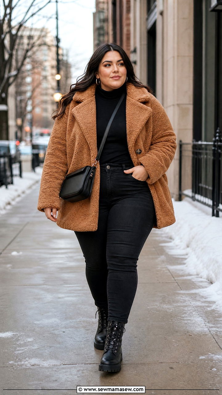 Teddy Coat with Black Jeans and Boots - 30 Cute outfits for plus size