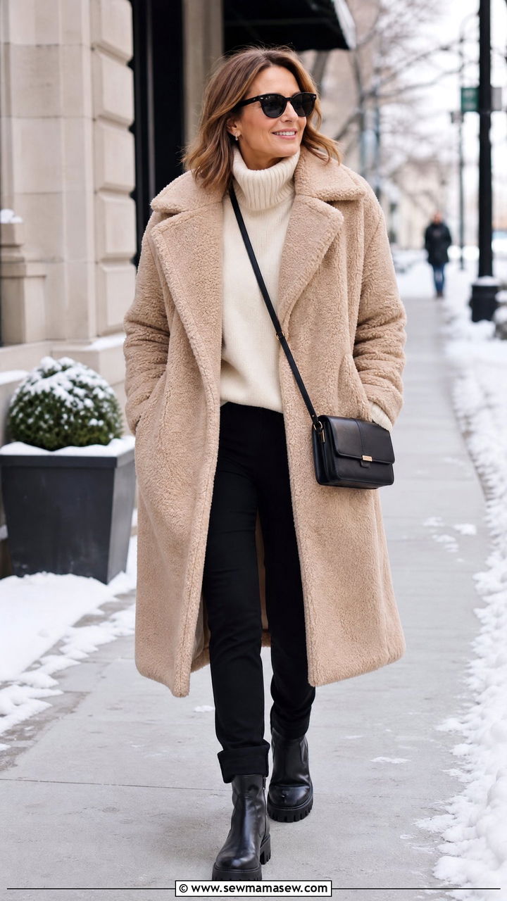 Teddy Coat with Cream Turtleneck and Slim Trousers - 30 Sophisticated outfit ideas for women over 40