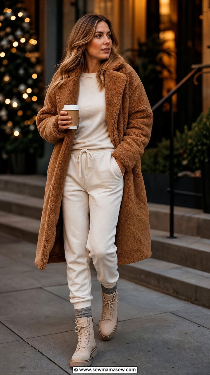 Teddy Coat with Joggers - 30 Cozy movie night outfit ideas