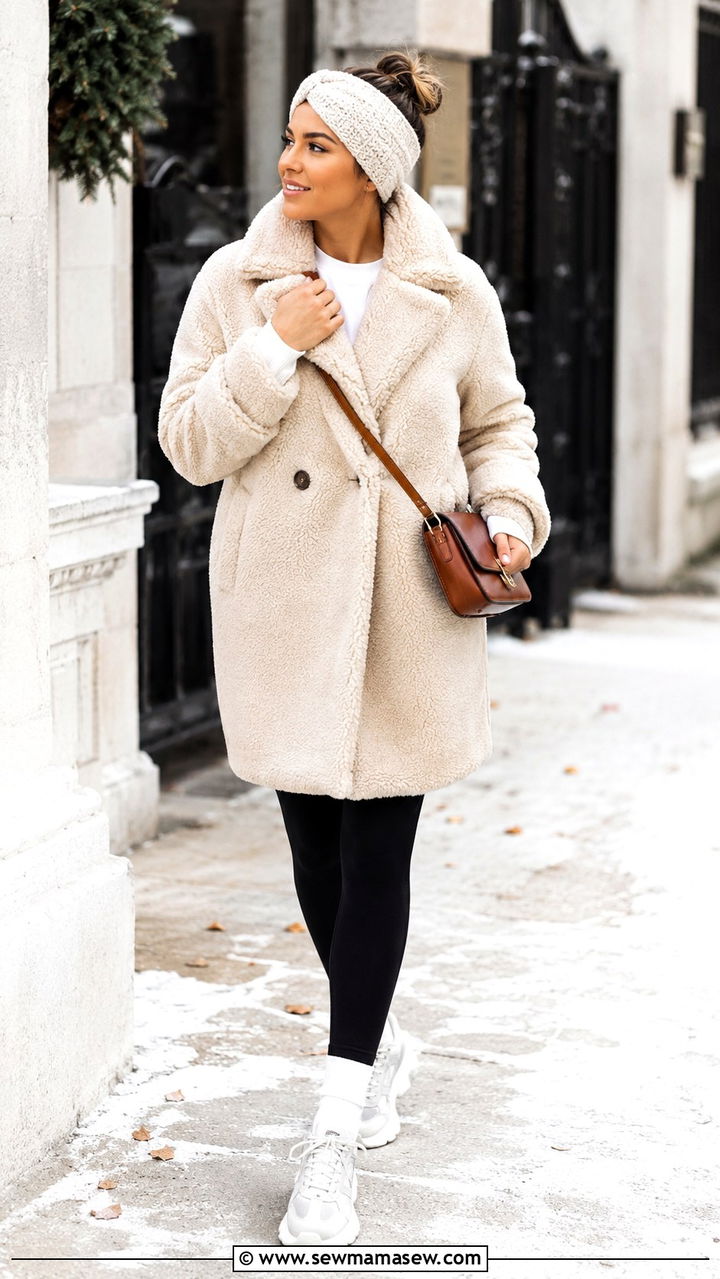 Teddy Coat with Leggings and Chunky Sneakers - 20 Loungewear outfit ideas school run