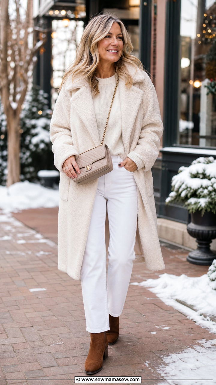 Teddy Coat with White Denim and Chestnut Boots - 35 Minimalist outfit ideas for women over 40