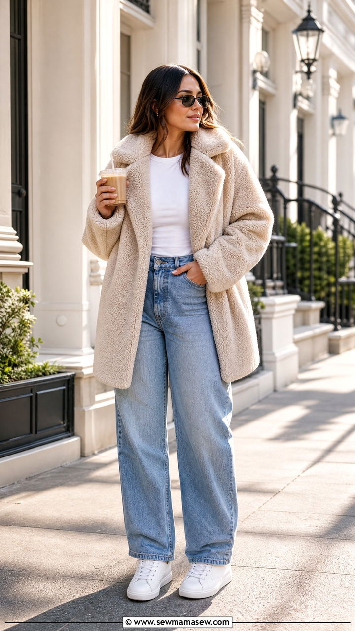Teddy Faux Fur Coat With Barrel Leg Jeans - 30 Faux fur coat outfit ideas
