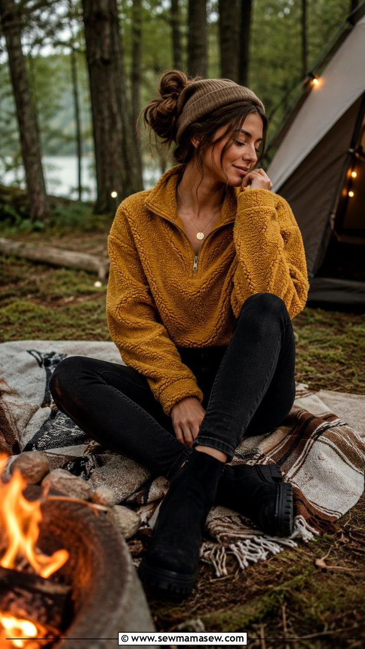Teddy Fleece Pullover Black Skinny Jeans Spring Camping - 30 Spring camping trip outfits