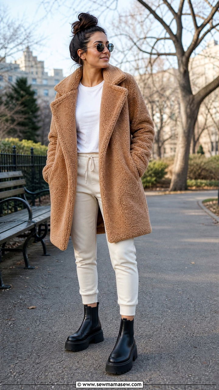 Teddy Fur Coat with Joggers and Platform Boots - 35 Fur coat outfit ideas