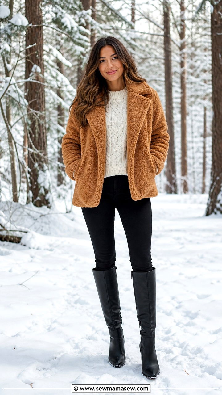 Teddy Jacket Over Cable Knit Sweater - 40 Road trip outfit ideas