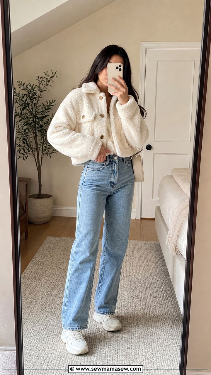 Teddy Jacket and High Rise Straight Jeans - 40 cute outfits