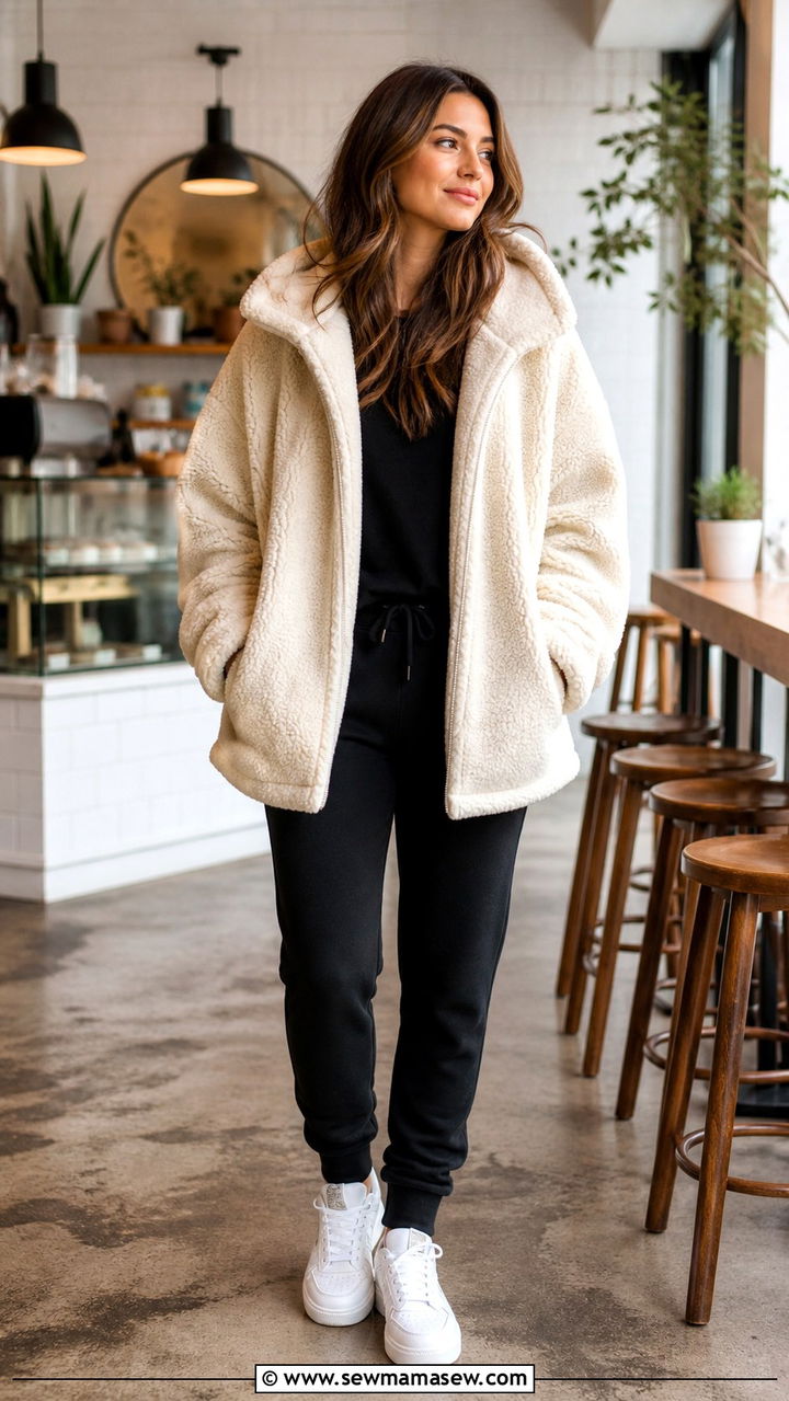 Teddy Jacket with Joggers and Waterproof Sneakers - 40 rainy day outfits