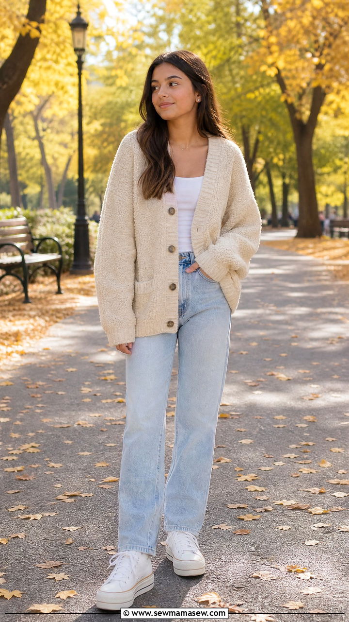 Teddy Knit Cardigan with Light Wash Jeans - 30 Cute outfits for teens