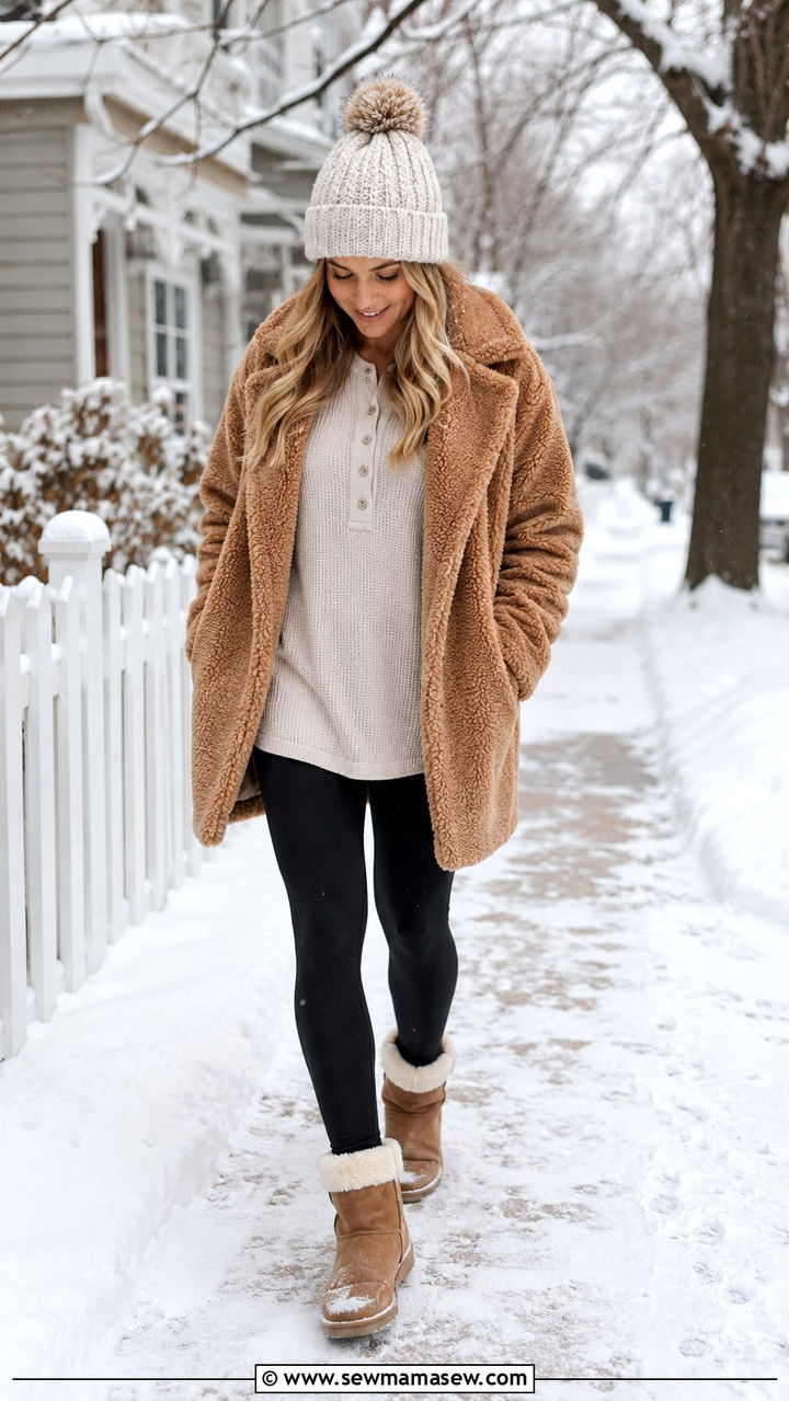 Teddy bear coat and leggings outfit - 30 Danish cozy outfit ideas