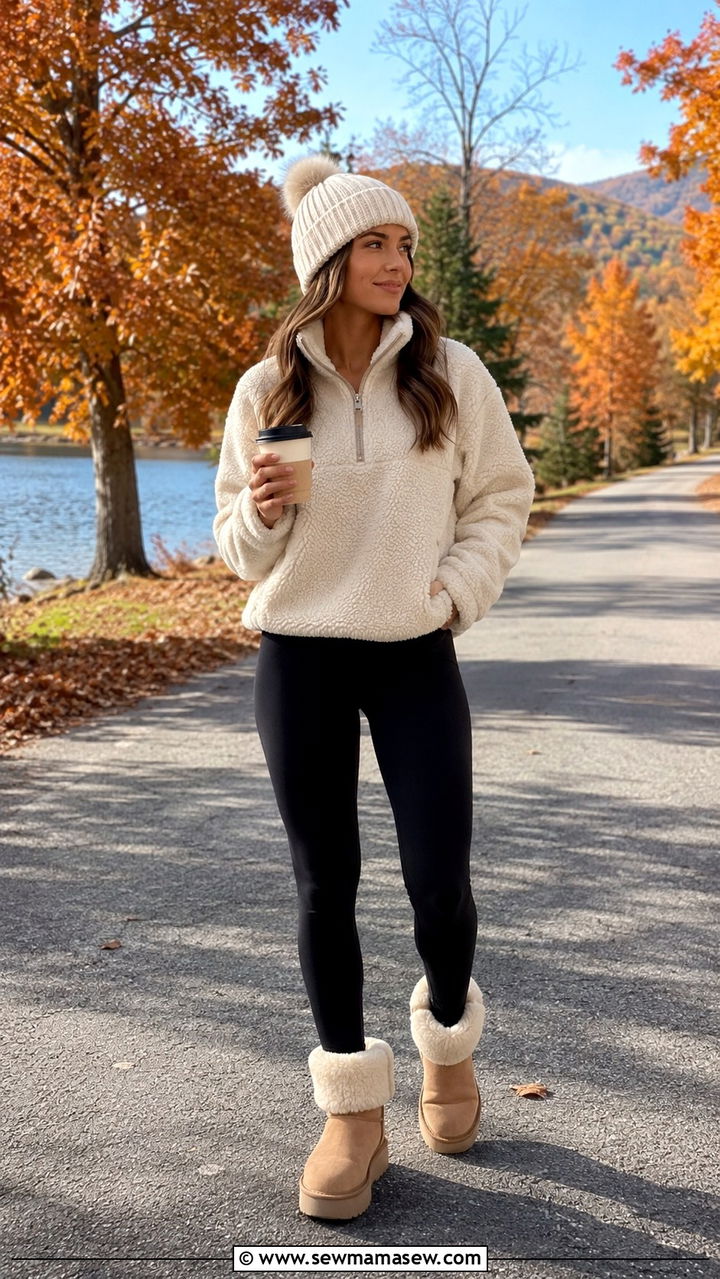Teddy bear half zip with leggings - 30 Loungewear outfit ideas for weekend