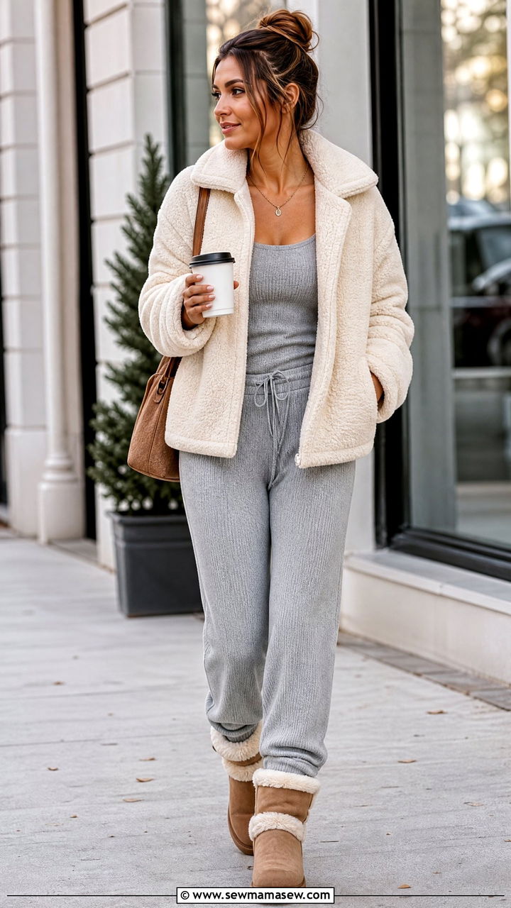 Teddy bear jacket over a knit lounge set - 35 Hygge loungewear outfit ideas