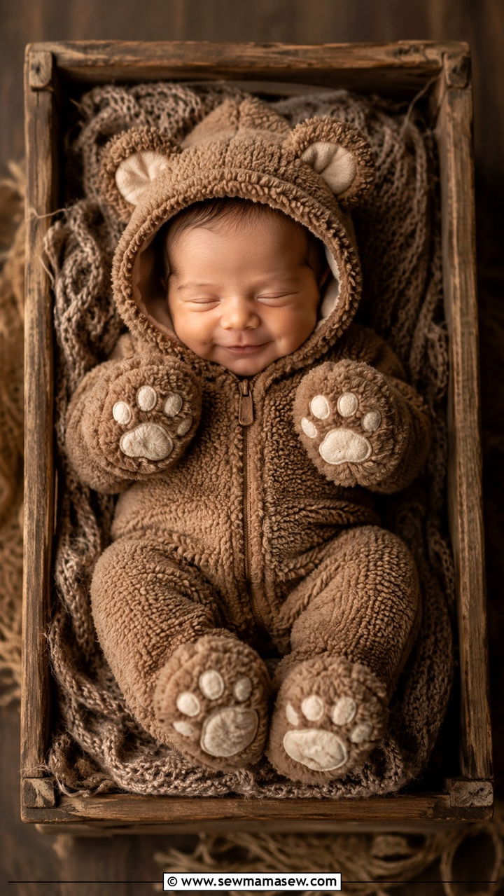 Teddy bear themed newborn outfit with ears - 25 Newborn photoshoot outfit ideas