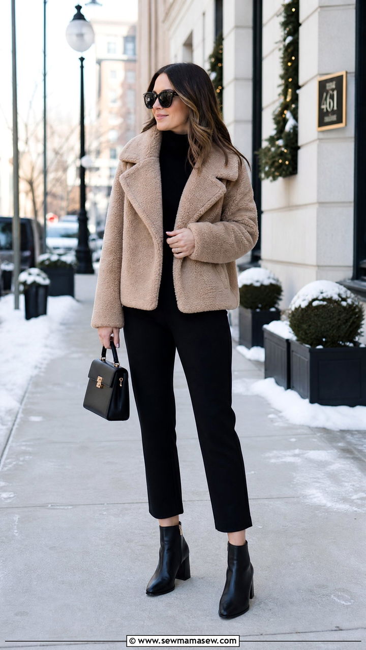 Teddy coat and all black base layer outfit - 25 Petite travel outfit ideas