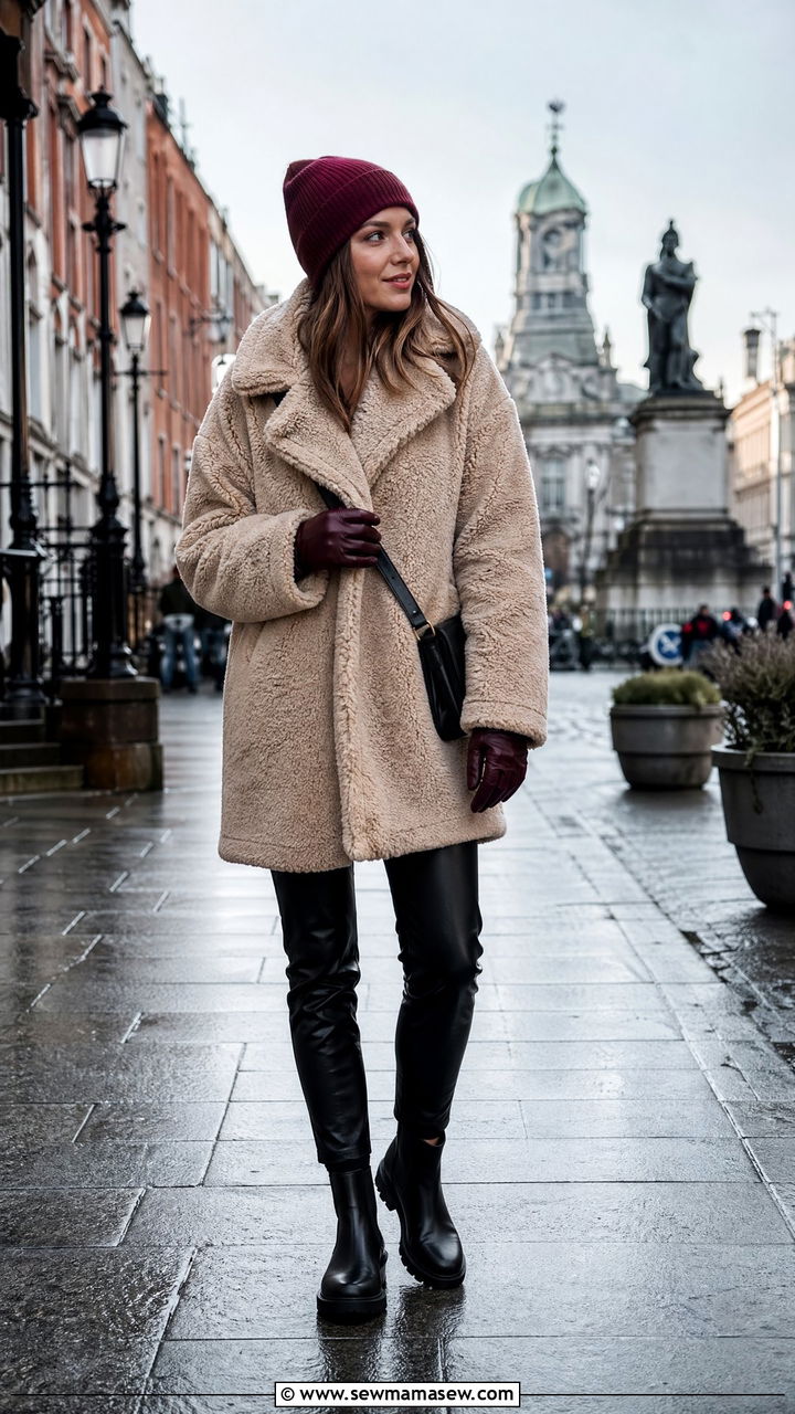 Teddy coat and leather trousers Dublin outfit - 35 Dublin outfit ideas