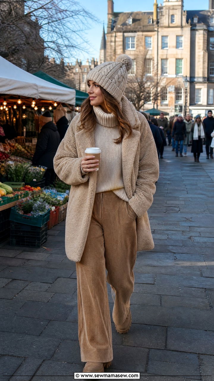 Teddy coat and wide leg cords - 30 Edinburgh outfit ideas