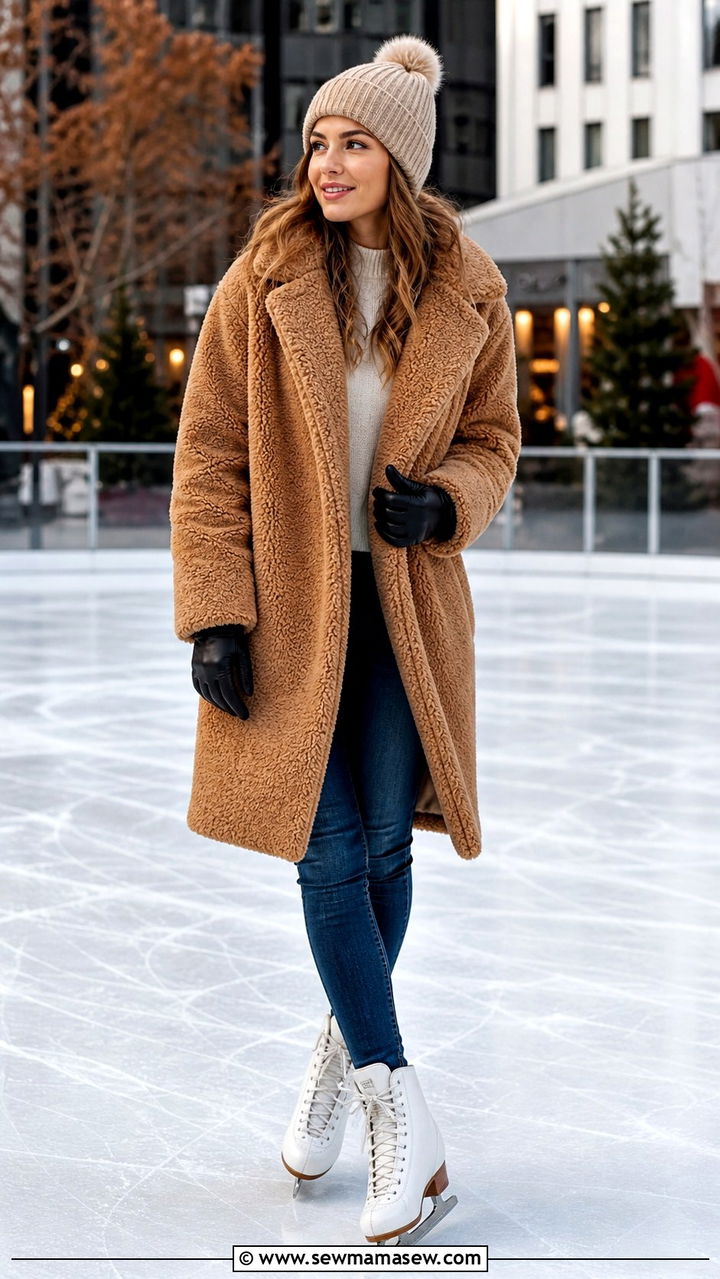 Teddy coat skinny jeans and beanie ice skating outfit - 40 Ice skating outfit ideas