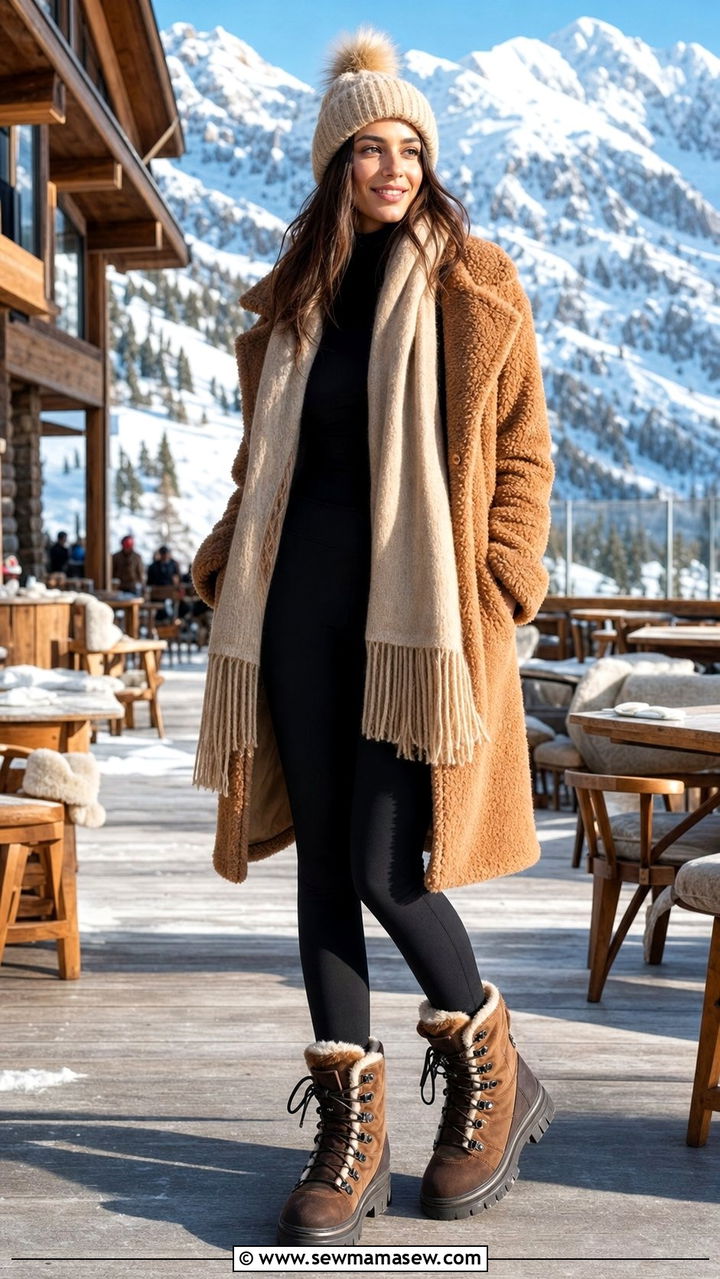 Teddy coat with fleece leggings and snow boots - 25 Sporty chic outfit ideas apres ski