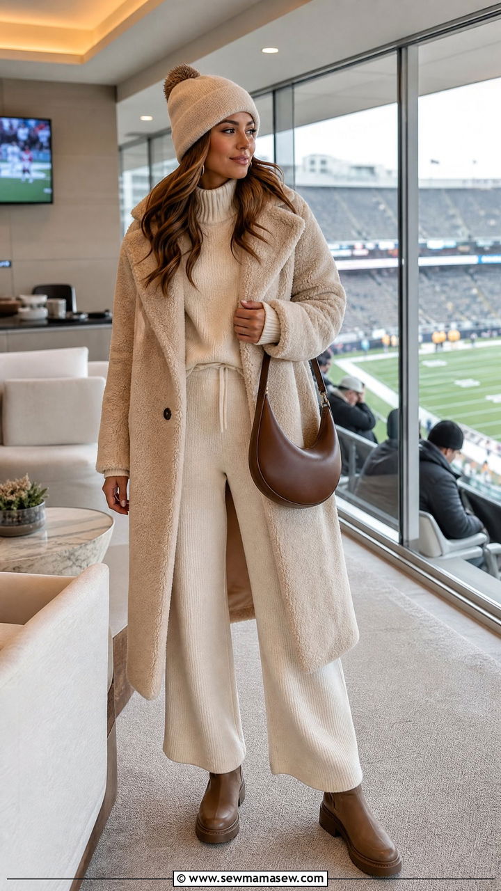 Teddy coat with matching knit set - 25 Football game outfit ideas cold