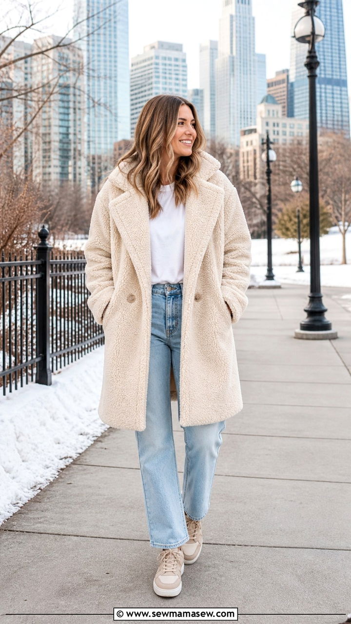 Teddy coat with straight leg jeans - 40 What to wear in Chicago