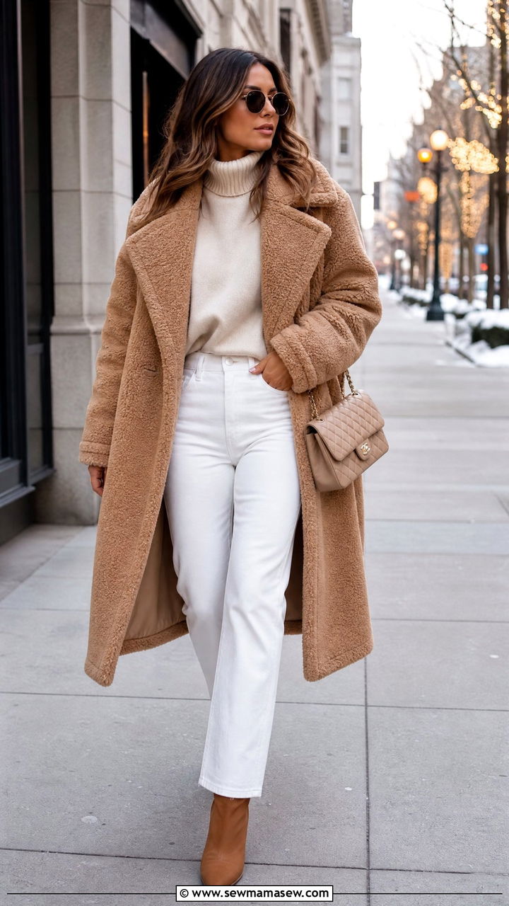 Teddy coat with white denim outfit - 25 Outfit ideas for women over 40 casual 2026