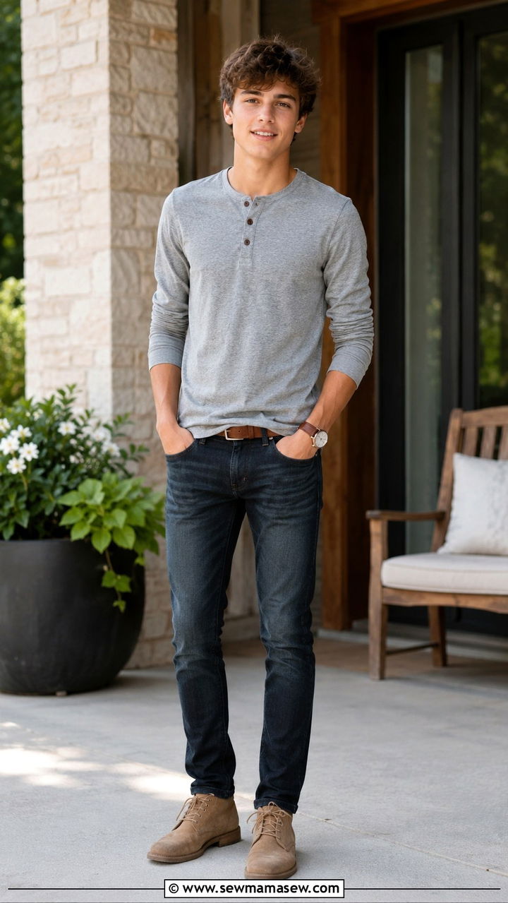 Teen Boy Henley Shirt and Slim Jeans Outfit - 25 Outfit ideas for teen boys
