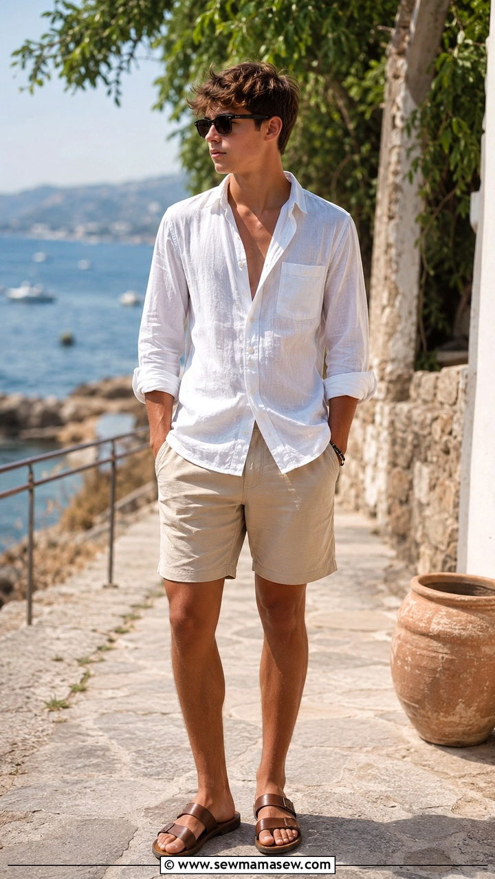 Teen Boy Linen Shirt and Chino Shorts Summer Outfit - 25 Outfit ideas for teen boys