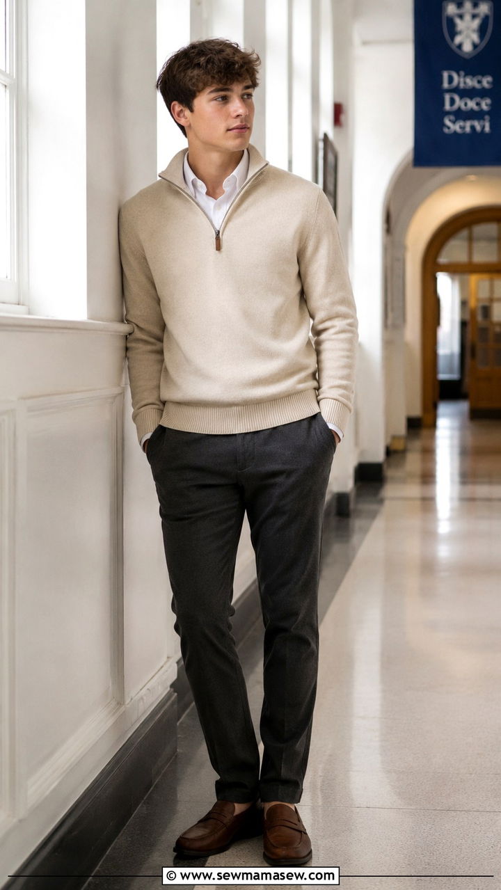 Teen Boy Quarter Zip Sweater and Trousers Outfit - 25 Outfit ideas for teen boys