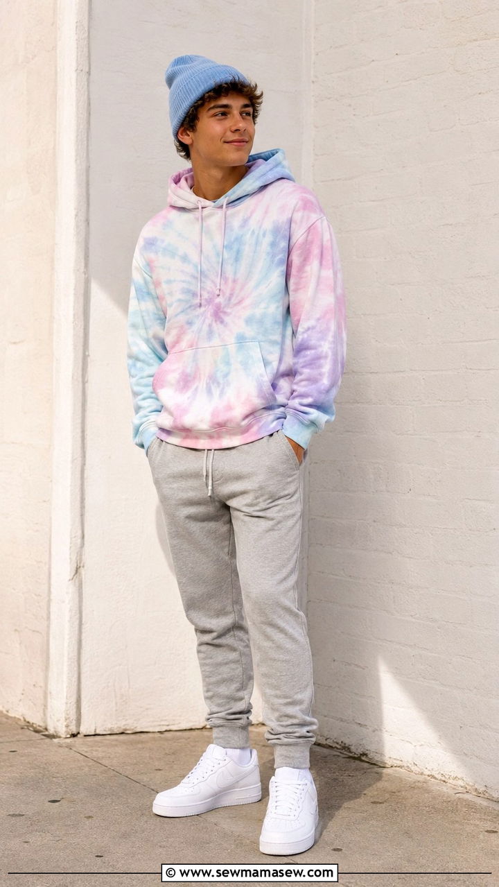 Teen Boy Tie Dye Hoodie and Neutral Joggers Outfit - 25 Outfit ideas for teen boys