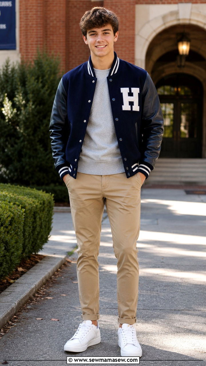 Teen Boy Varsity Jacket and Chinos Outfit - 25 Outfit ideas for teen boys