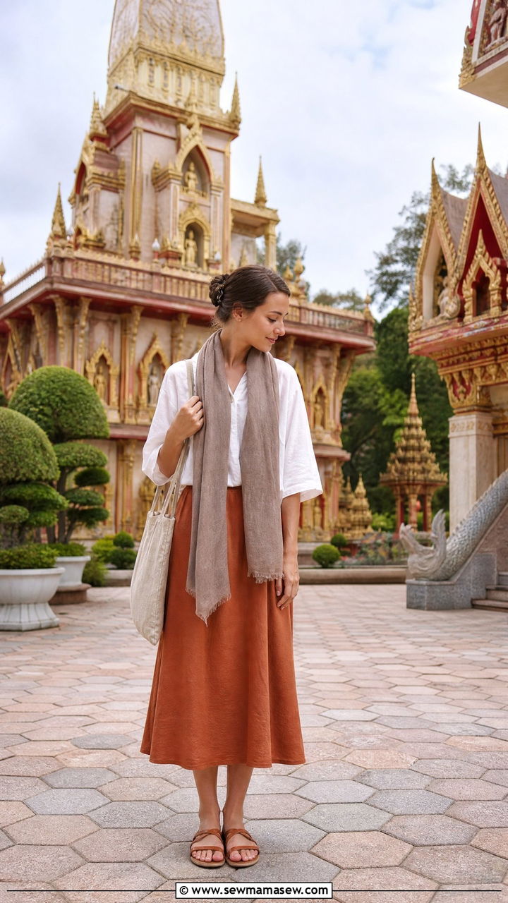 Temple Appropriate Linen Midi Skirt With Loose Blouse - 40 What to wear in Phuket