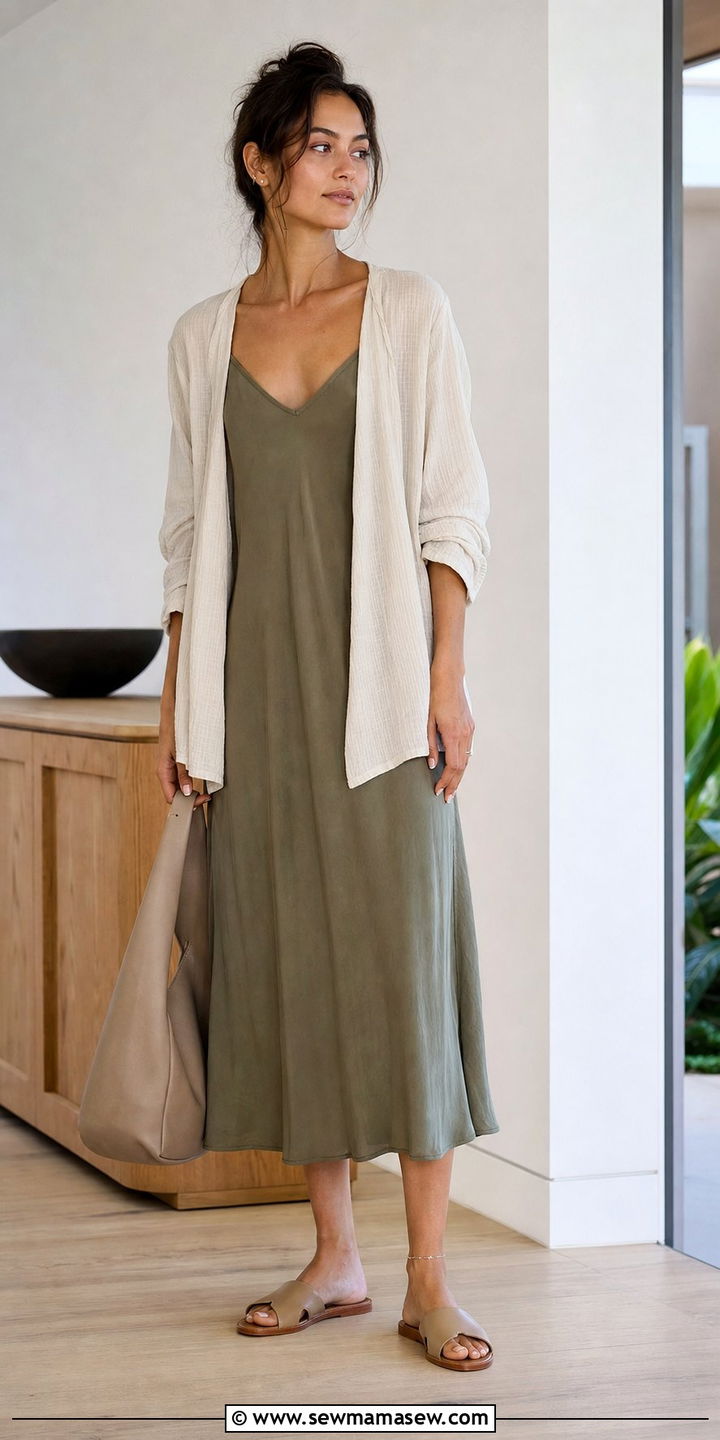 Tencel Midi Slip Dress With Lightweight Open Cardigan Summer Humid Weather Outfit - 25 summer humid weather outfit ideas