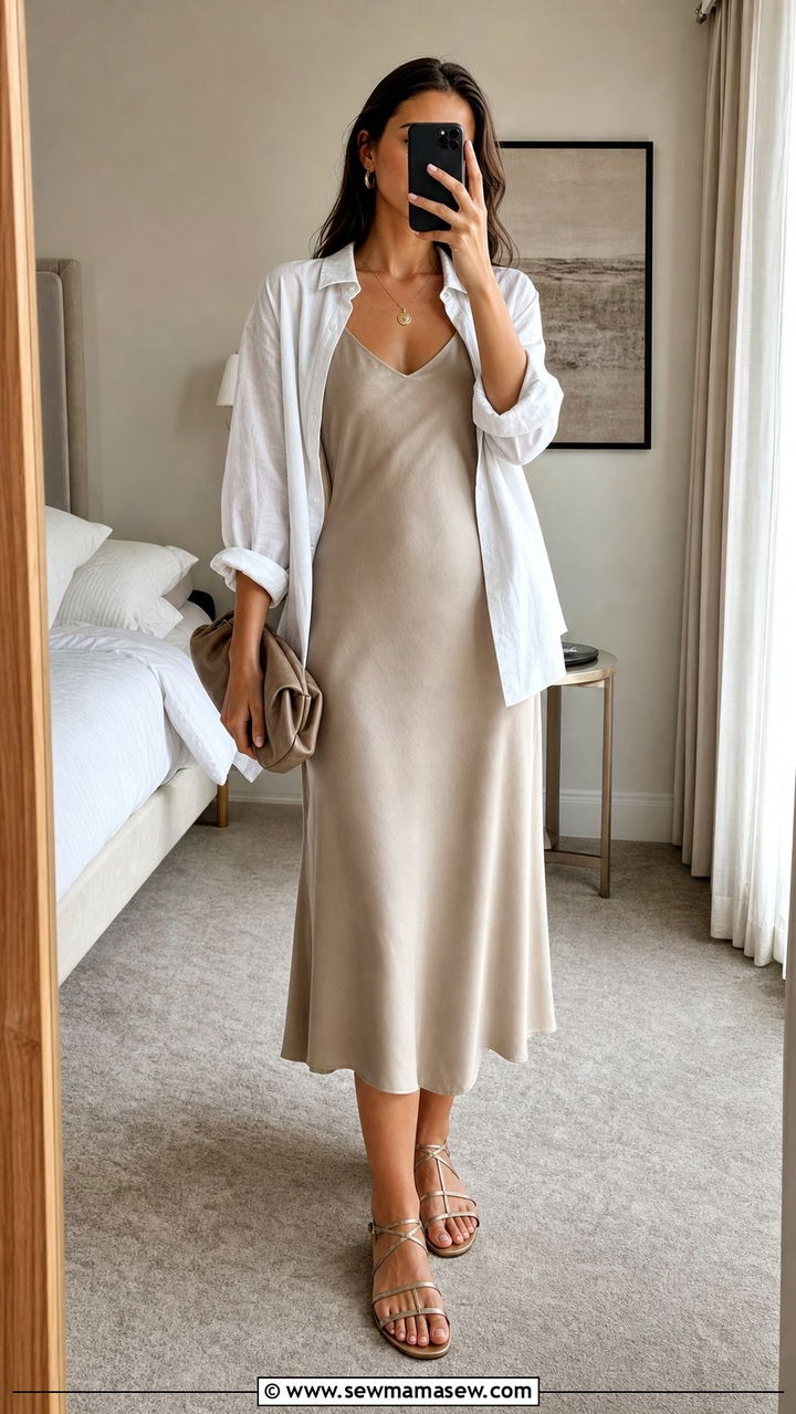 Tencel Slip Dress With Oversized Linen Shirt Layer - 25 Summer outfits for humid weather