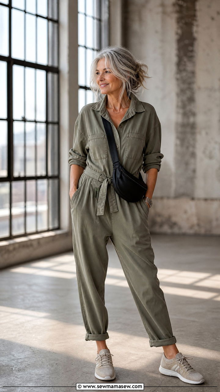 Tencel Utility Jumpsuit with a Leather Pouch Bag - 30 Concert outfits for women over 60