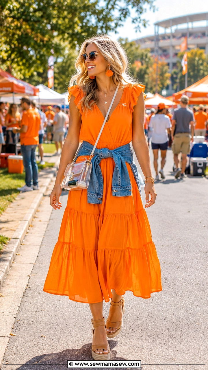 Tennessee gameday maxi dress with wedge sandals - 20 Gameday outfit ideas Tennessee