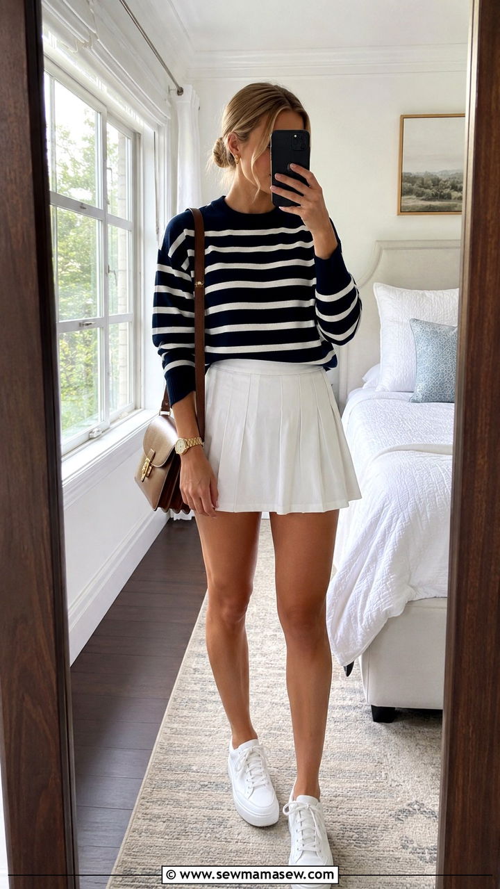 Tennis Skirt With Striped Sweater - 20 Old money outfit ideas with tennis skirt
