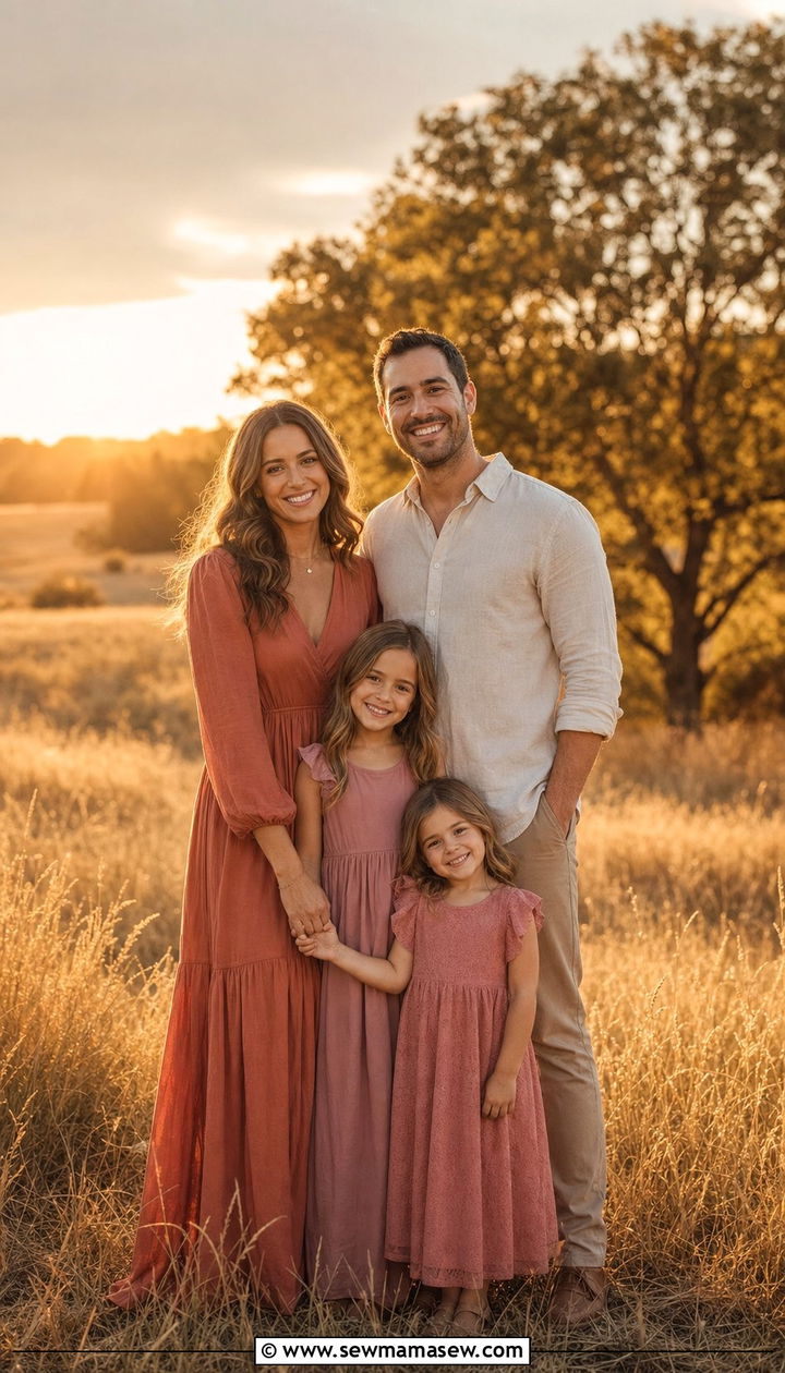 Terracotta Cream and Muted Rose Family Photo Outfits in Tall Grass - 25 Family photo outfit ideas summer 2026