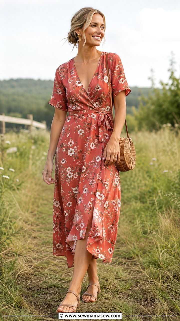Terracotta Floral Print Dress with Neutral Sandals - 20 Wedding guest outfit ideas terracotta dress