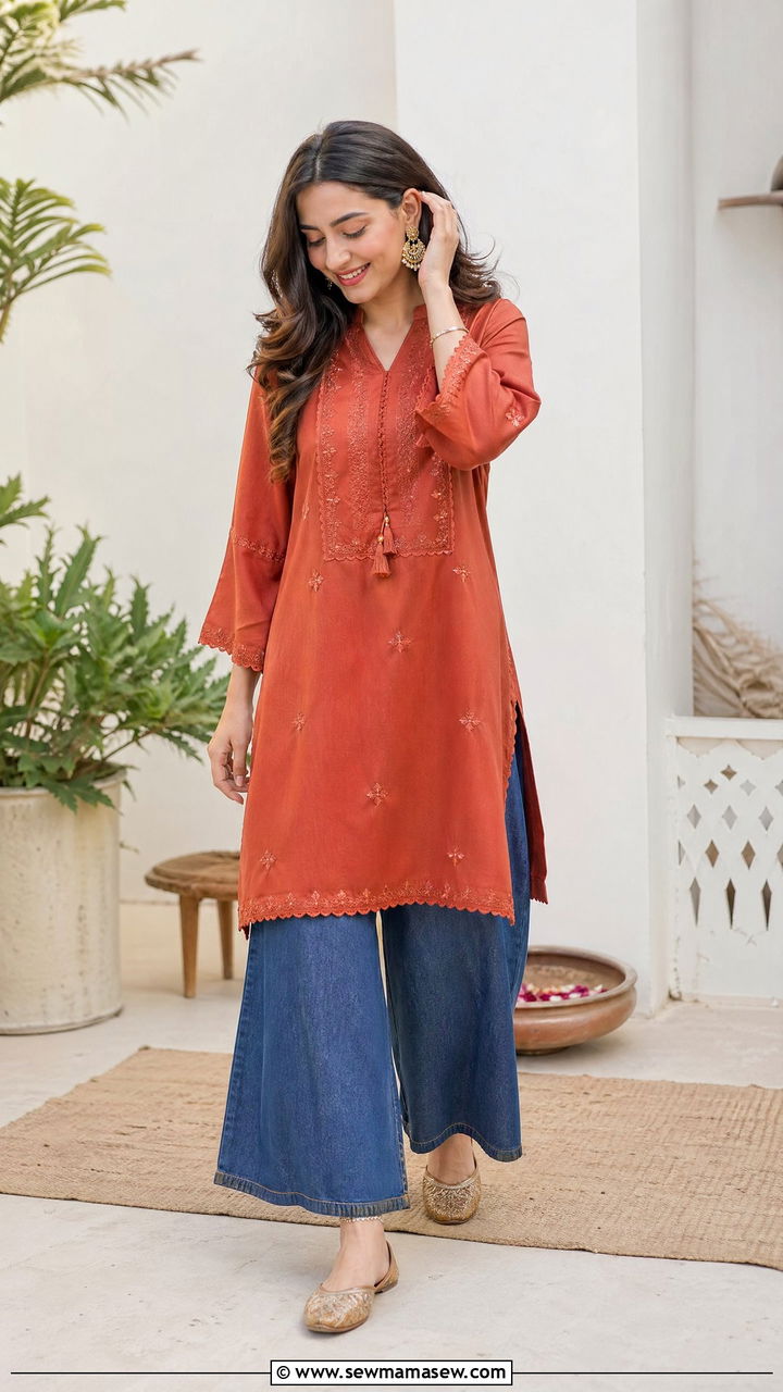 Terracotta Kurti with Denim Look Palazzo and Juttis - 35 Eid outfit ideas for moms