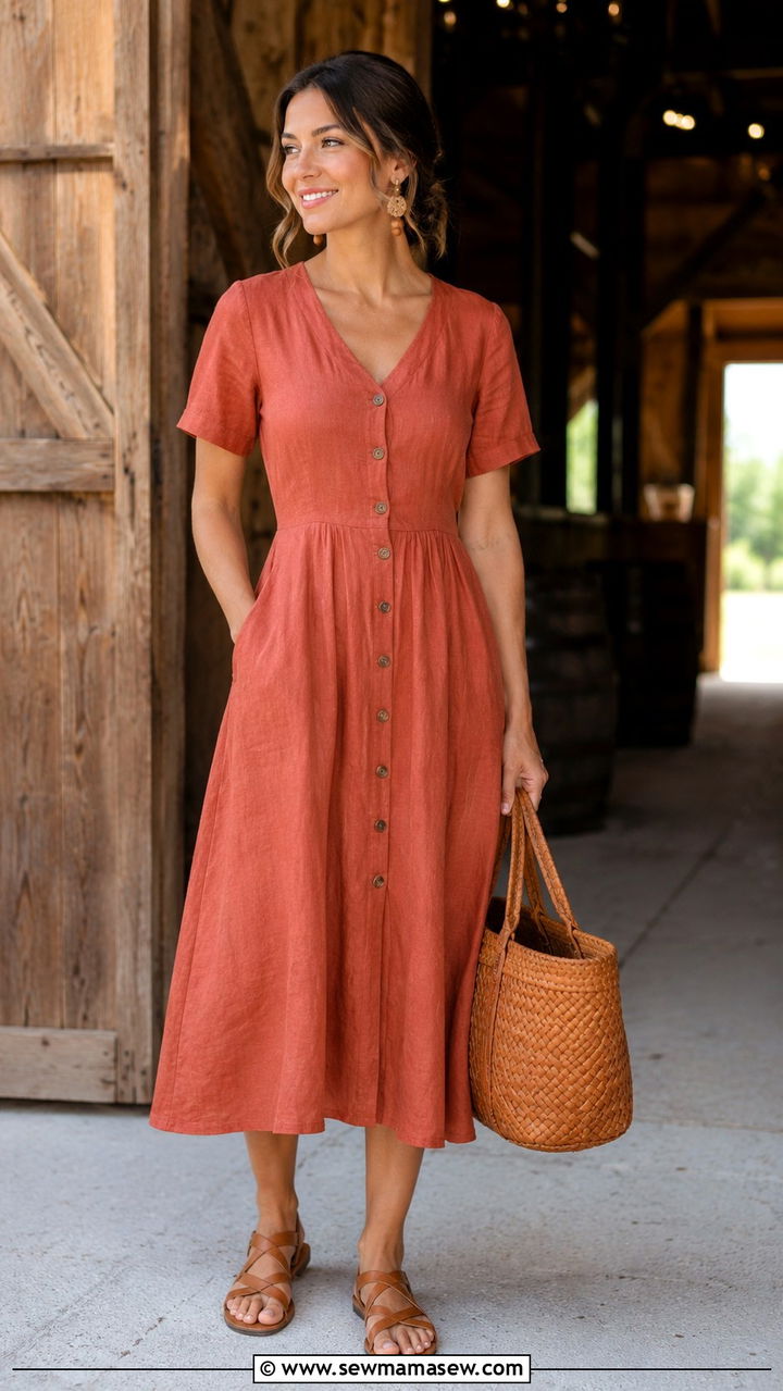 Terracotta Linen Dress With Tan Leather Sandals - 30 chic summer wedding guest outfits for women