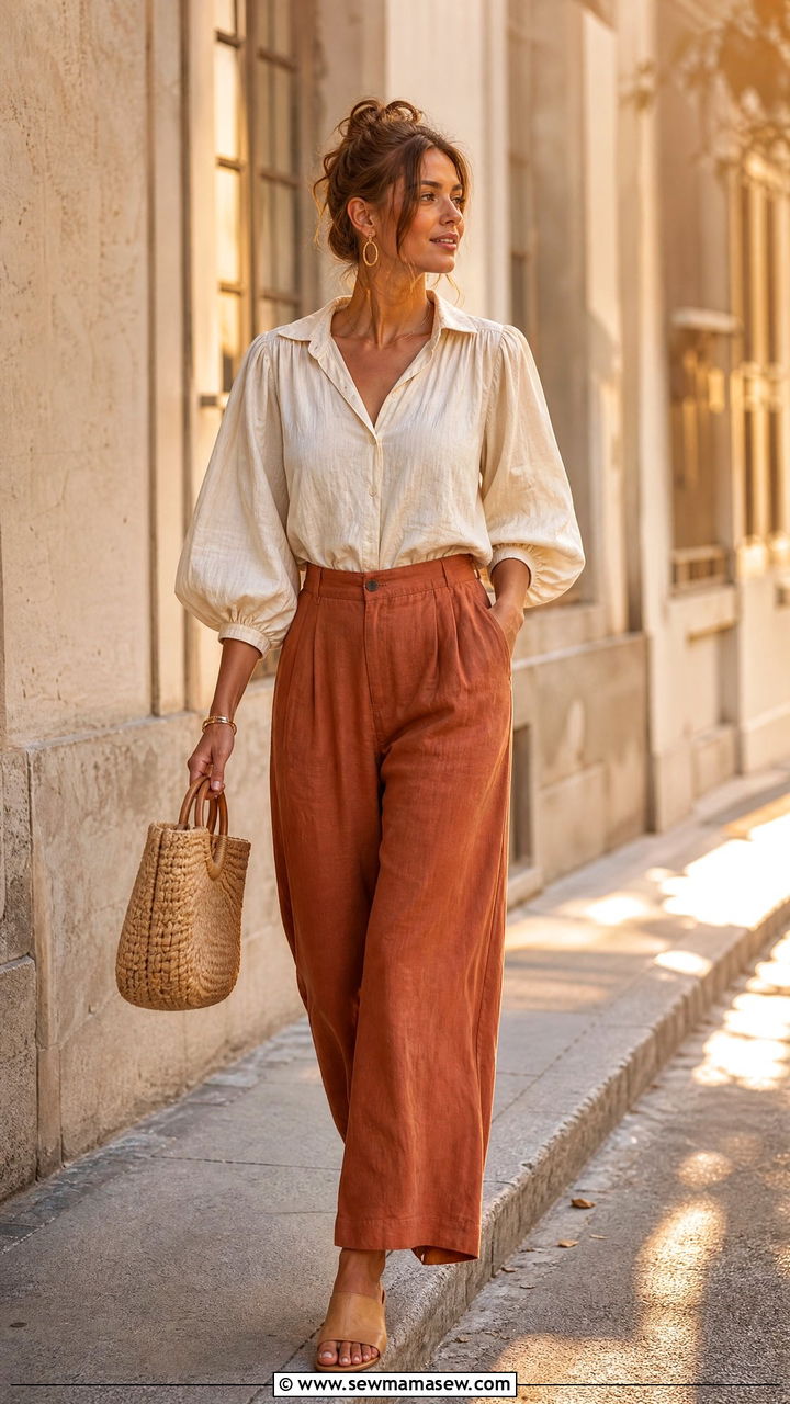 Terracotta Linen Pants With A Cream Blouse - 25 How to style linen pants in spring
